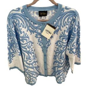 NWT Bob Mackie Wearable Art Baby Blue White Cotton Button Up Cardigan Sweater